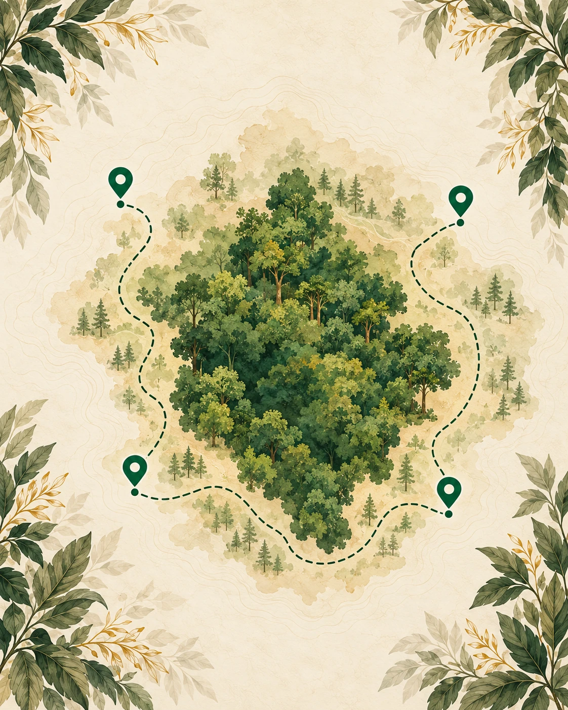 Watercolor map illustration of Tadoba National Park with four gate locations