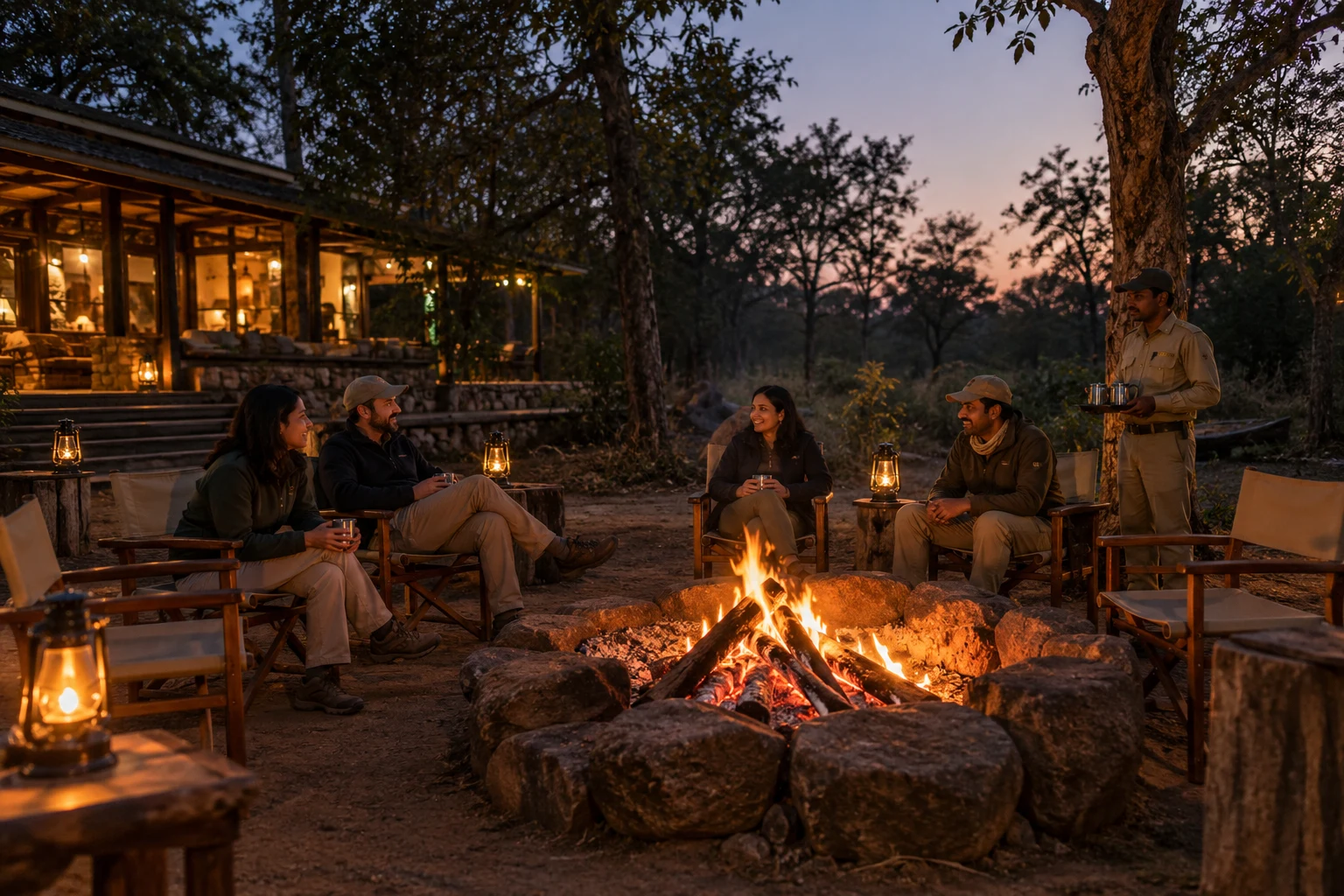 Illustrative bonfire gathering at dusk