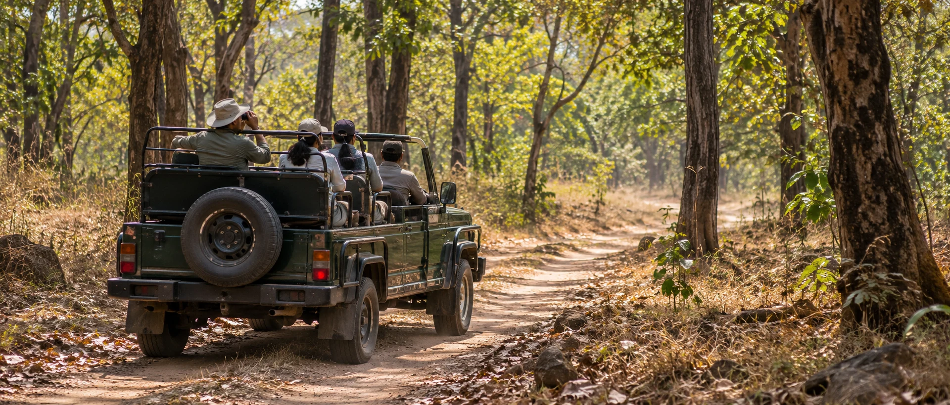 Illustrative view of a gypsy safari vehicle on a Tadoba forest track